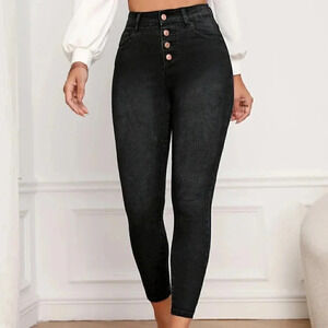 Casual Button Fly Bleach Wash Skinny Jeans Black